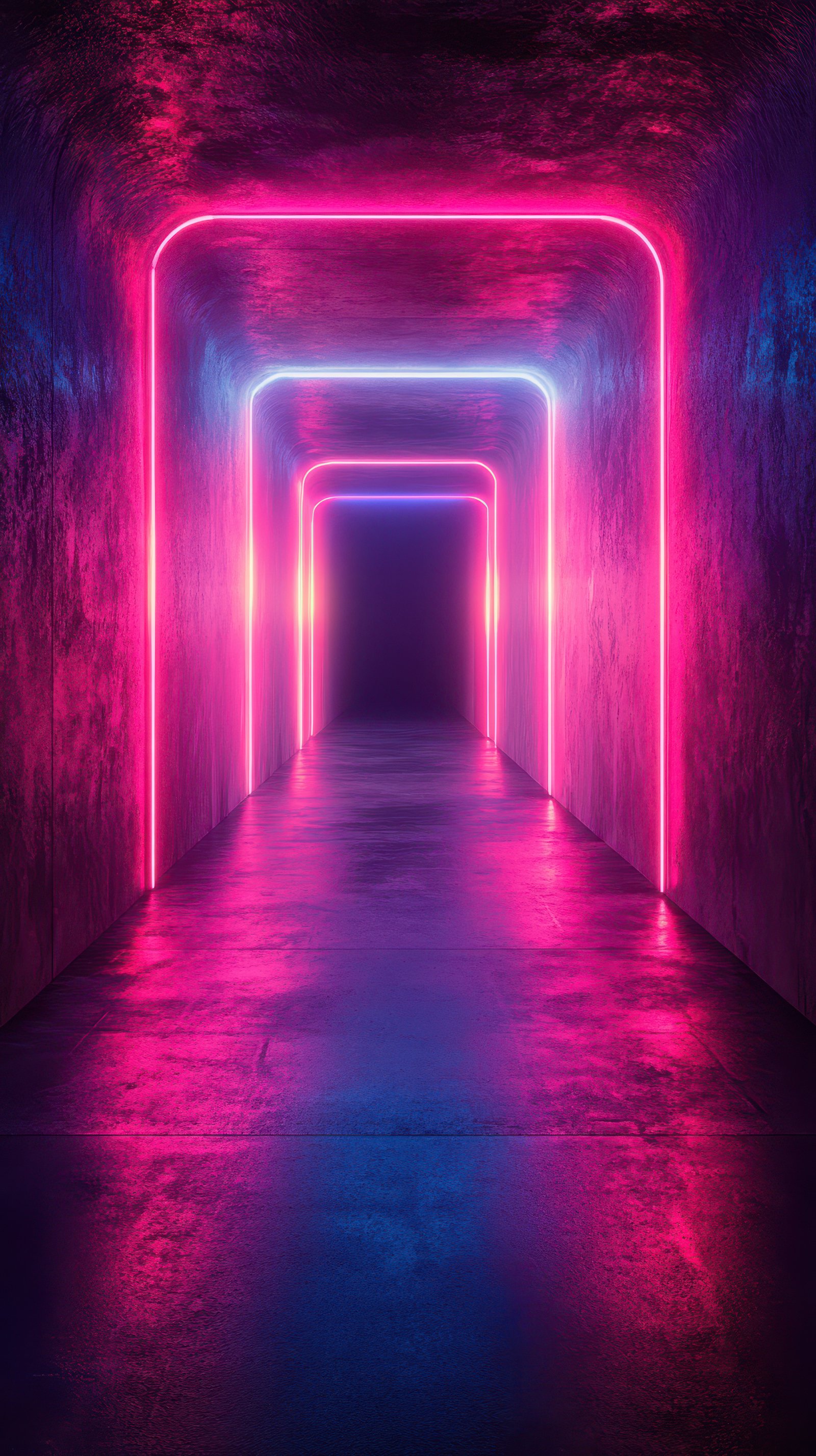 Vibrant neon hallway creates an immersive atmosphere in a modern urban setting